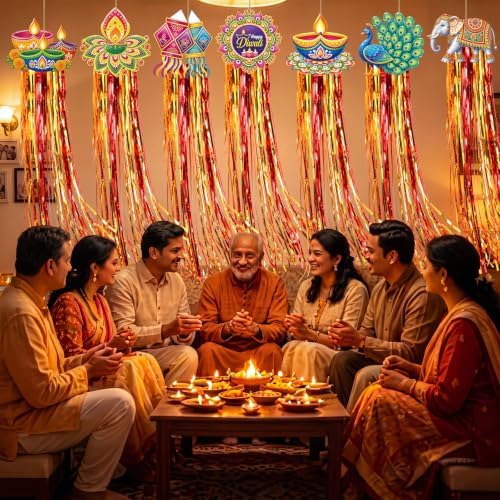 10 Pcs Diwali Hanging Decoration Traditional Indian Festival Ornaments with Diya Elephant Peacock Elements Tassel Hanging Streamers Diwali Decor for Home, Garden, Temple, Tree, Door Decor