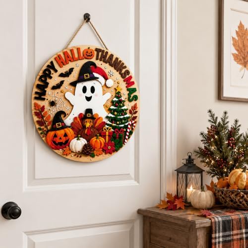 Halloween Decorations - Happy Hallothanksmas Wooden Sign for Front Door
