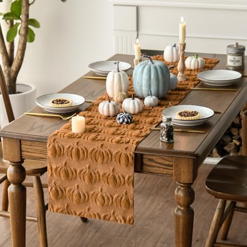 Artoid Mode Caramel Soft Faux Fur Pumpkins Fall Table Runner 13x48 Inch