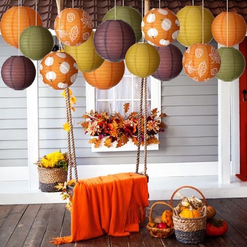Bencailor 16 Pcs Fall Paper Lanterns Fall Party Paper Lanterns Thanksgiving Dark Orange Pumpkin Round Thankful Maple Leaves Hanging Party Decorations for Autumn Harvest Outdoor Decor