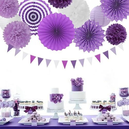 Lavender-Purple White Graduation Party Decorations - 20pcs Paper Lanterns Fans,Tissue Pom Poms,Honeycomb Balls,Birthday Wedding Bridal Baby Shower Engagement Bachelorette Decor Burgleda