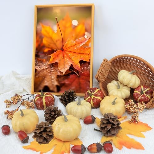 23Pcs Fake Pumpkins Fall Thanksgiving Decorations,Plastic Pumpkins with Acorns,Maple Leaves,Pine cones,Berries, Artificial Mini Pumpkin Decorating Harvest Home Decor Centerpiece Table Decorations