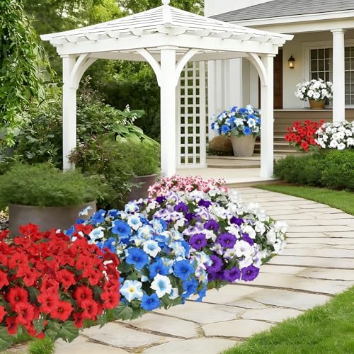 Artificial Flowers for Outdoors, Faux Petunias Spring Summer Decoration, Fake Flowers Plants UV Resistant Look Real Silk Flowers for Outside Planter Front Door Porch Patio Yard (12, Blue-White)