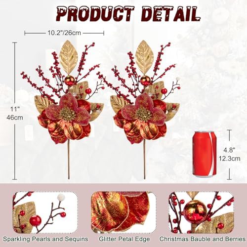 Briful 2PCS Christmas Glitter Magnolia Flowers Picks and Spray with Christmas Balls Ornament Red Berries Gold Leaves Branches for Xmas Tree Wreath Vase Floral Arrangement (Red Gold)