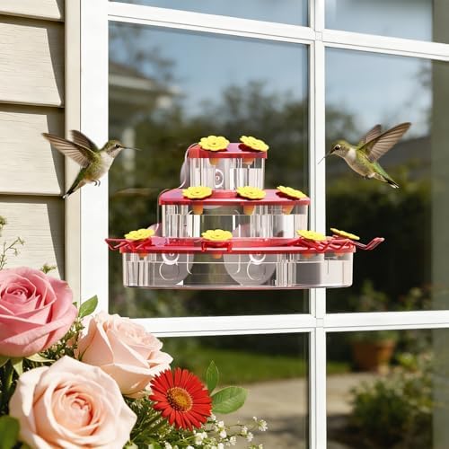 Birdream Window Hummingbird Feeder, Strong Suction Cup Hummingbird Feeder with 9 Feeding Ports & Clean Brush, Attracting Ruby Throated Anna Rufous - Red, 9oz