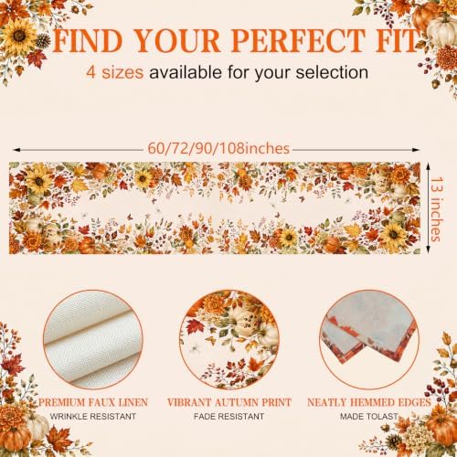 Fall Table Runner 13×90 in with Fall Decor Pumpkin, Sunflower&Leaf