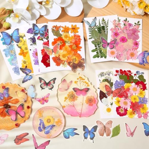 318 PCS Pressed Flowers Butterfly Stickers for Craft, Real Dried Pressed Flowers Bulk Natural Dry Flowers Floral with DIY Butterfly Stickers Tweezers for Art, Resin Mold, Candles, Soap, Jewelry Making