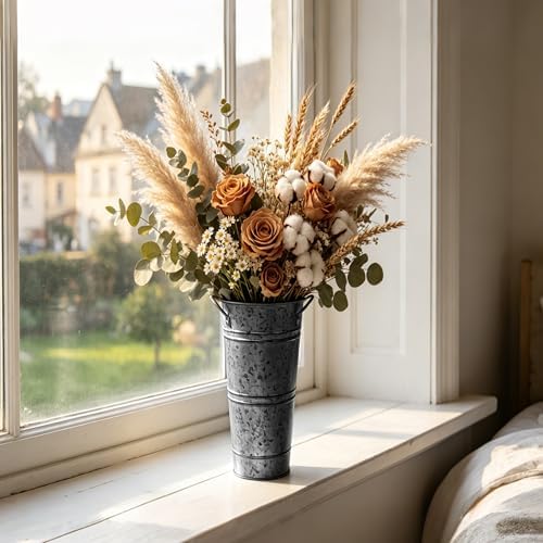 9 Inch Black Metal Flower Buckets, Set of 6 - Rustic Vases with Handles
