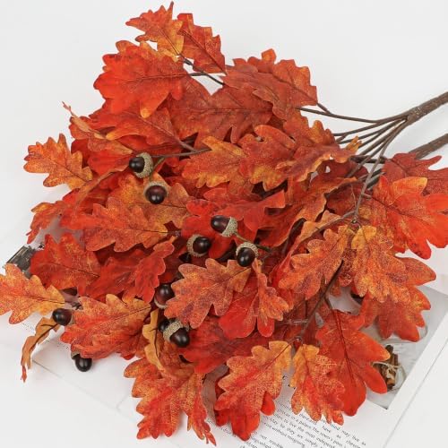 Faux Oak Leaf Branches with Acorns, 2Pcs Fall Stems for Vase, Burnt Orange