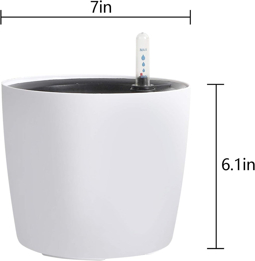KINJOEK 5 Packs 7 Inch Self Watering Pot with Water Level Indicator, Modern Garden Decorative White Flower Pot
