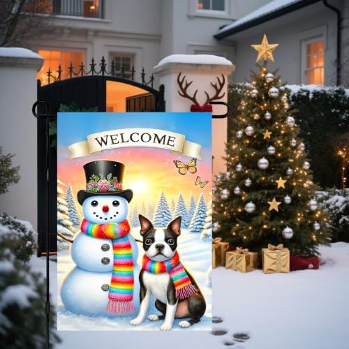 BlissYard Winter Yard Flag Snowman Puppy 12x18 Inch Polyester