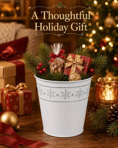 White Christmas Metal Buckets, 4 Pack Galvanized Planter Pots Holiday Decor