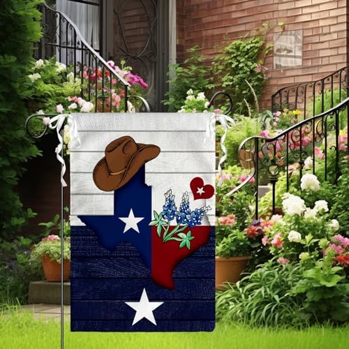 Texas Bluebonnet Garden Flag 12 x 18 Inch Texas Cowboy Hat Yard Flags Western Flags Double Sided Banners for Outdoor Yard Decor Souvenirs Gifts