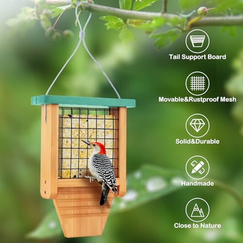 Gbekery Wooden Suet Feeder with Tail Prop for Outside Hanging, Green Roof