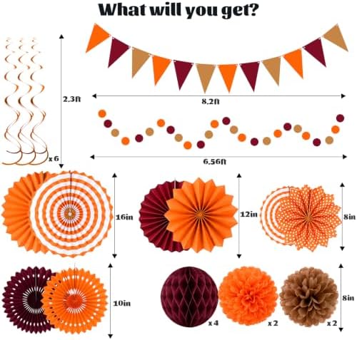 24 Pcs Fall Party Decorations, Burgundy Orange Paper Fans and Pom Poms Set