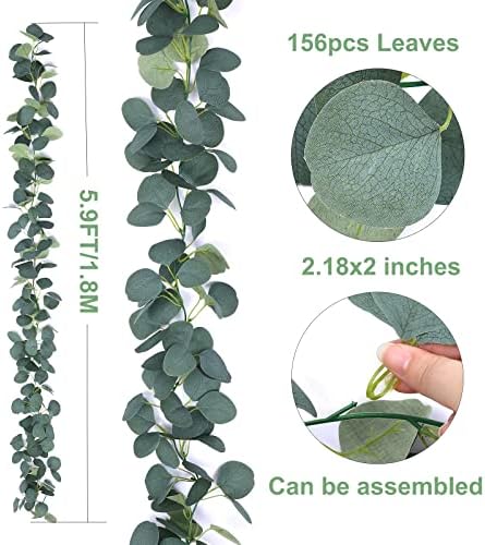 FUGZAUD 2 Pack Artificial Eucalyptus Garland Faux Silk Leaf Silver Dollar Eucalyptus Leaves Vines Handmade Garland Greenery Wedding Backdrop Indoor Outdoor Arch Wall Decoration