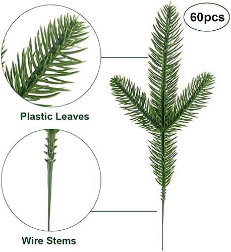 KLEWEE 60 Pcs Artificial Pine Branches, Christmas Tree Filler Branches, Realistic Faux Christmas Greenery Green Plants Pine Picks and Stems for Christmas Decorating Crafts Vase DIY Wreath Garland