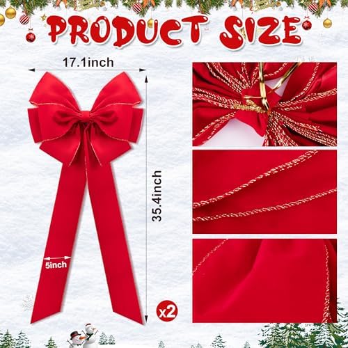 2 Pcs Large Christmas Bow, 35" x 17" Red Velvet Golden Edged Bows