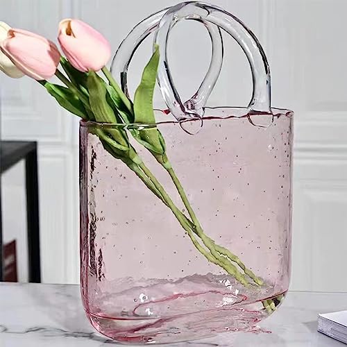 Glass Vase with Elegant Purse Design, Hand Purse vase with Fish Bowl, Unique Flower Vase with Handle and Bubbles - for Home Decor/Office/Garden/Wedding Decor/Enterpiece/Events(Light Pink)