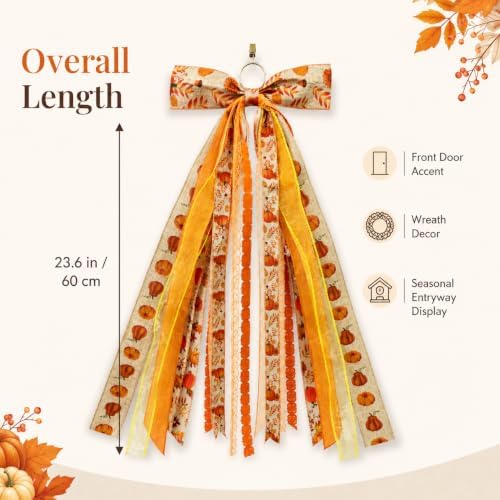 23.6in Fall Pumpkin Door Bow Sunflower Ribbon Swag Wreath Decor