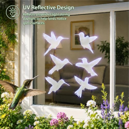 UV Reflective Window Bird Stickers, 12 Pcs Hummingbird Anti Collision Decals on 2 Sheets for Glass Doors and Windows