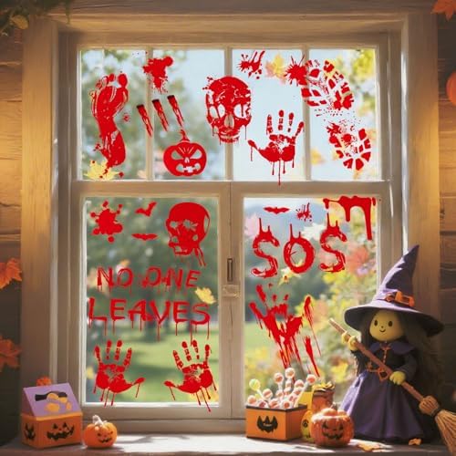 AhfuLife 108Pcs Halloween Window Clings, 9 Sheets Reusable Halloween Blood Handprint Window Stickers Removable Stickers for Kids Home Window Indoor Party Decorations