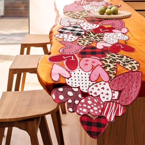 Valentines Day Table Runner 36 Inches Long Embroidered Heart Decor