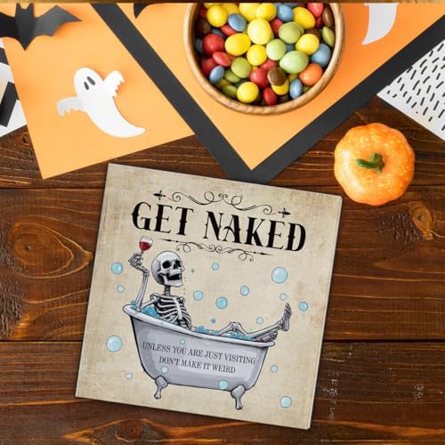 Funny Skull Skeleton Decor Sign Halloween Bathroom Wood Sign