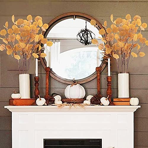 4Pcs Artificial Eucalyptus Leaves Stems 33.8‘’ Eucalyptus Branches Orange Fake Fall Flowers for Home Fireplace Farmhouse Party Wedding Table Bathroom Autumn Décor