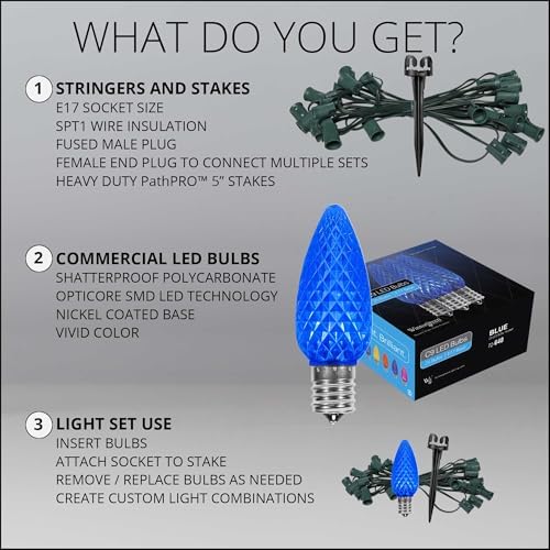 Wintergreen Lighting 25’ OptiCore LED Blue Pathway Christmas Lights, C9 Landscape Lights, 4.5” Stakes, Green Wire Plug String Lights