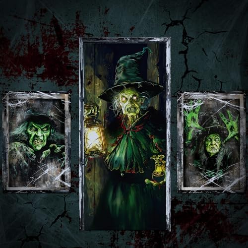 Fanfanwin 3 Pcs Halloween Door Window Cover Set Scary Decor, Witch