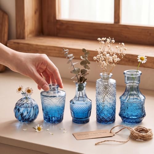 Clear Gradient Blue Glass Bud Vase Set of 24 Pcs,Small Bud Vases in Bulk,Glass Crystal Flower Vases Table Centerpieces for Party Event Wedding Decor Baby Shower Decorations (Gradient Blue, 24 Pcs)