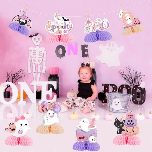 Pink Purple Halloween Party Decorations Girl 8pcs Halloween Party Honeycomb Centerpiece Spooky Boo Ghost Bat Halloween Table Topper Decorations for Spooky One Birthday Happy Boo Baby Shower