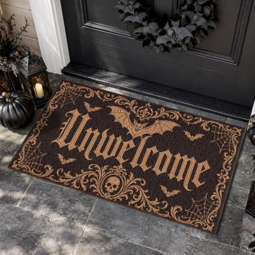 Halloween Front Door Mat Gothic Bat Skull Doormat with Unwelcome Design