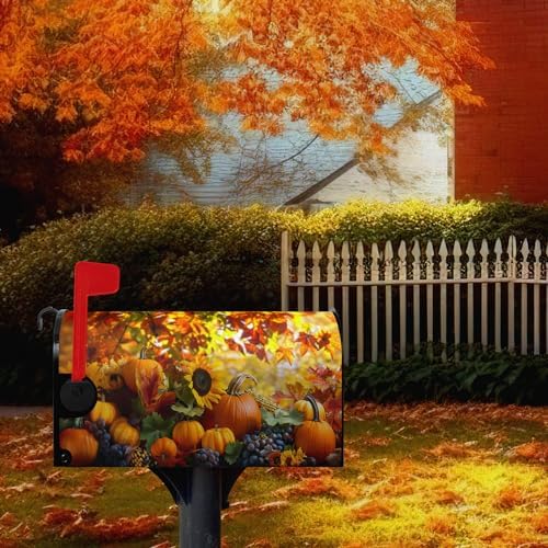 Fall Autumn Pumpkin Mailbox Cover Magnetic Large Size 25.5X21 Inch Harvest Maple Leaves Letter Box Cover Yellow Pumpkins Fall Mail Wraps Post Garden Decorations