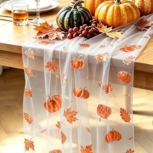 Fall Gauze Table Runner Glitter Pumpkins Maple Leaves Autumn Decor 120 Inch