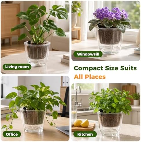 Clear Self Watering Pots for Indoor Plants, 3-Pack 6.7 Inch Top-Fill Self Watering Planter, Clear Orchid Pots with Drainage, Wick Inner Basket, Semi Hydroponic Pot, Transparent