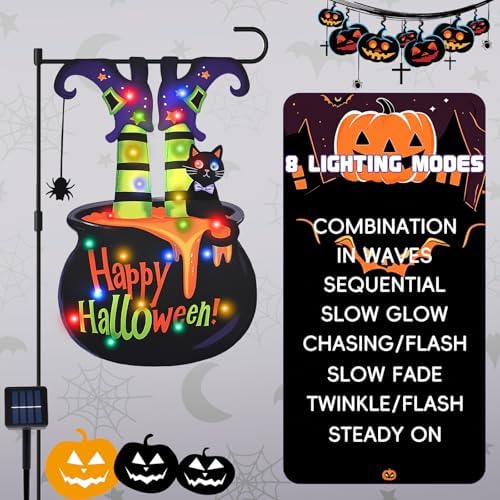 Halloween Lighted Garden Flag 12"x18" – Witch Legs in Cauldron Shape with LED Lights, 8 Lighting Modes, Double Sided Yard Decoration with Solar Panel and Stake for Outdoor Lawn Porch