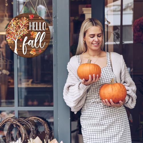 Whaline Hello Fall Wooden Hanging Sign Maple Tree Front Door Sign Autumn Thanksgiving Welcome Signs for Harvest Indoor Outdoor Home Porch Wall Decor