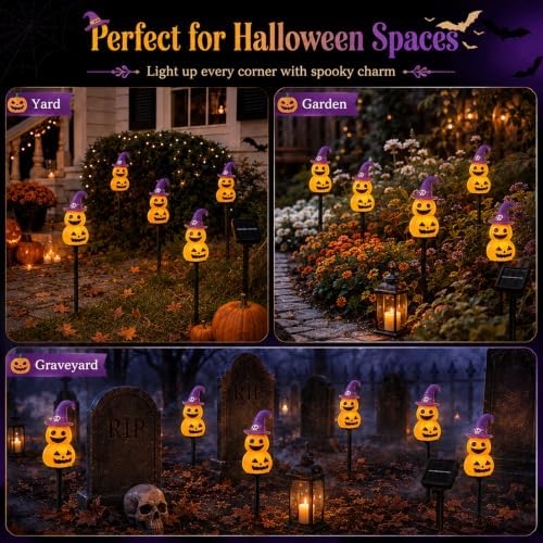 Halloween Decorations Solar Garden Lights, 4pcs Magic Hat Pumpkin Path Lights with 8 Lighting Modes, Waterproof Yard Light, LED Santa Claus Gift for Yard Path Decor (Orange - Pumpkin)