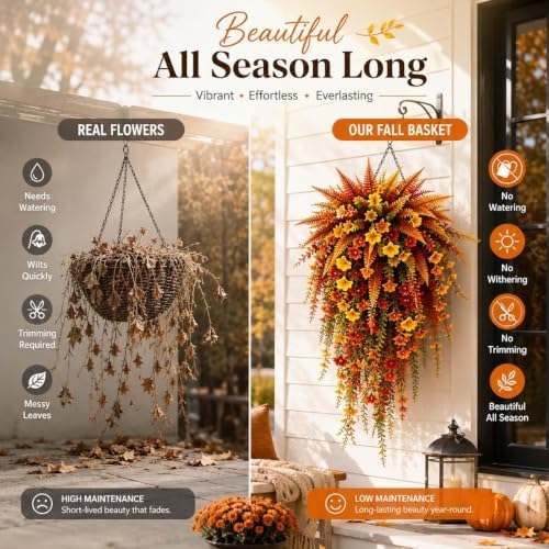 Artificial Fall Harvest Hanging Basket with Hanging Flowers (3PCS)