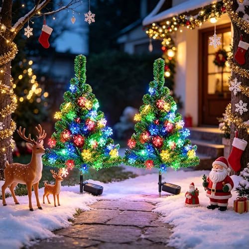Windpnn 2-Pack 2.6FT Solar Christmas Tree Outdoor Christmas Decorations for Outsdie Garden, Patio, Yard, Pathway, Cemetery Decor (with 40 Snowflake Lights, Waterproof)