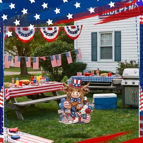 Amyhill 4th of July Highland Cow Metal Garden Stakes Patriotic American Flag Red White Blue Outdoor Yard Decorations with Stakes Independence Day Decor Sign for Home Lawn Porch Backyard Holiday Decor
