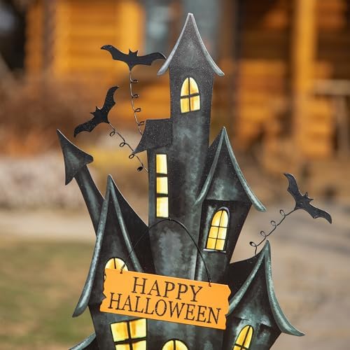 Glitzhome 32" H Halloween Metal Haunted House Yard Stake/Hanging Decor,Halloween Pumpkin Bats Ghost Garden Yard Sign for Lawn Decorations Outdoor Garden Halloween Party Decor