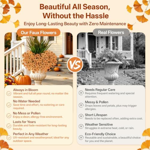 15 PCS Artificial Fall Flowers for Outdoors, Six-Petaled Faux Silk Mums
