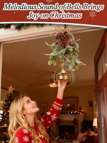 Artificial Mistletoe Christmas Decor - Christmas Ornaments with Bells Red Berries for Tree Porch Holiday Decorations