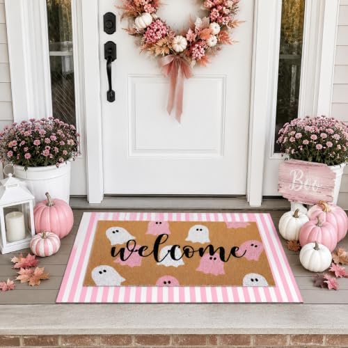 Tinideya 2 Pcs Halloween Ghost Layered Doormat Set, Pink White