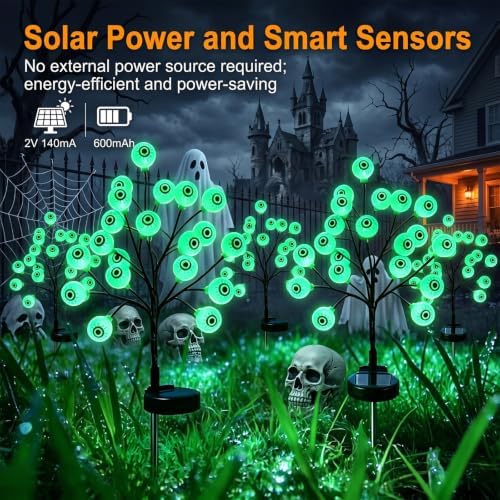 2PCS Solar Eyes Stake Pathway Lights, IP65 Waterproof Halloween Outdoor Decor with Steady On & Flash Lighting Modes，Solar-Powered Decor for Garden Yard Lawn Halloween Party (Green Eyes)