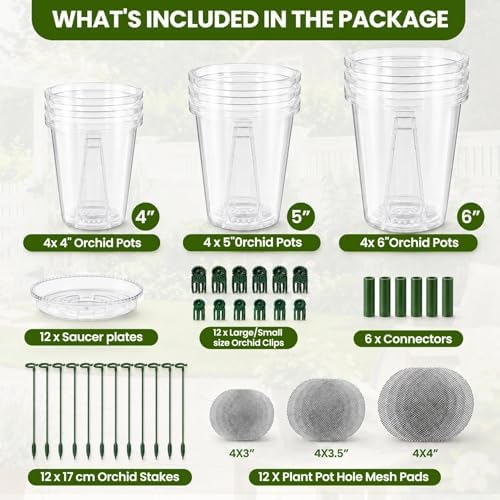 12 Pack Clear Plastic Orchid Pots with Holes, 4 5 6 Inch Set