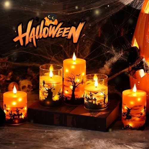 Sasigeiaa Halloween Flameless Candles with Remote - Orange LED Candles & String Lights, Battery Operated Set of 3 (D3 x H4/5"/6") for Window Decor, Halloween Decoration,Living Room Decoration